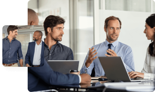 Left: Two men walking and talking; Right: People in meeting talking