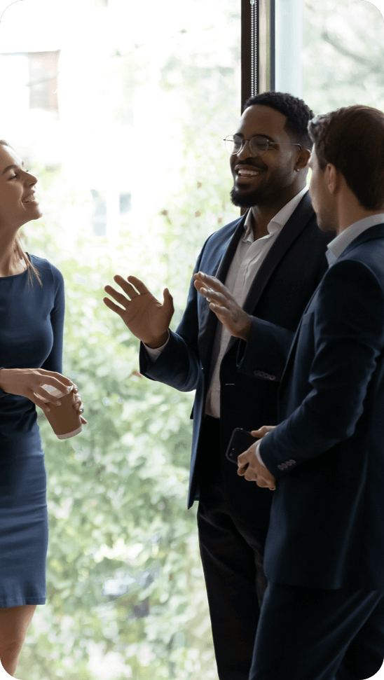 Man, tablet and business people in meeting for coaching, goals and mission at desk for discussion. Teamwork, woman and strategy for vision, collaboration or innovation in financial company with coach.