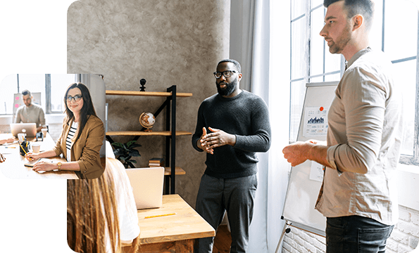 Middle: Two businessmen giving a presentation, left: portrait of woman smiling